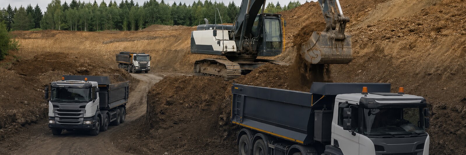Самосвалы для вывоза грунта загружаются экскаватором